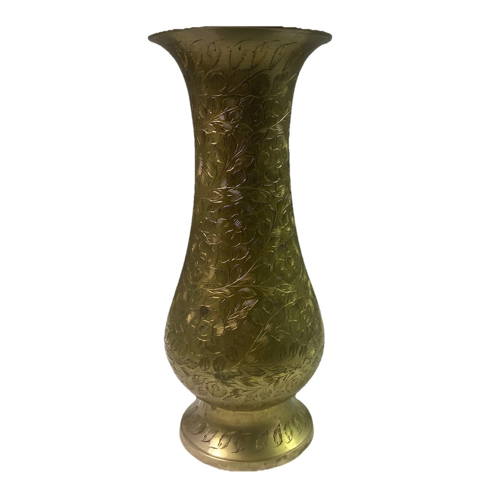 Vintage Solid Brass Etched Floral Design Vase 8.5'' Tall -3.25" D-3.5" W-India